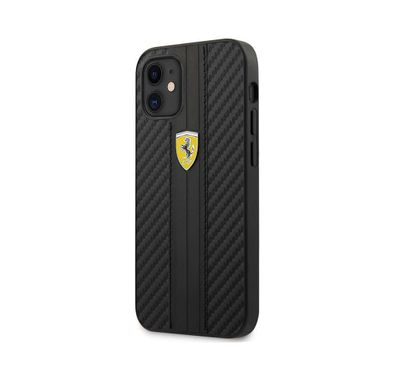 CG MOBILE Ferrari On Track Carbon PU Hard Phone Case with Stripes & Metal Logo Compatible for iPhone 12 Mini (5.4") Anti-Scratch Mobile Case Officially Licensed - Black
