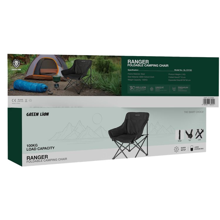 كرسي التخييم القابل للطي من جرين ليون رينجر مع حقيبة حمل، إطار فولاذي ومقعد من قماش أكسفورد 600D، قاعدة مضادة للانزلاق، دعم بإطار X، سعة تحمل تصل إلى 100 كجم، إعداد سريع - أسود.