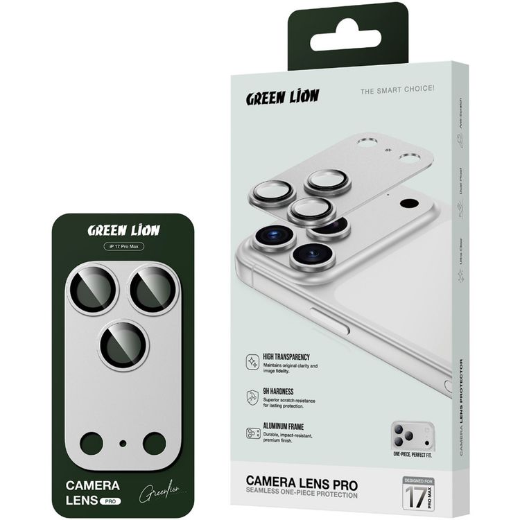 Green Lion Camera Lens Pro for iPhone 17 Pro Max, HD Clarity, Anti-Scratch, Anti-Fingerprint, Nano Absorption, Aluminum Lenses, Innovative Design, Easy Installation - Silver Titanium