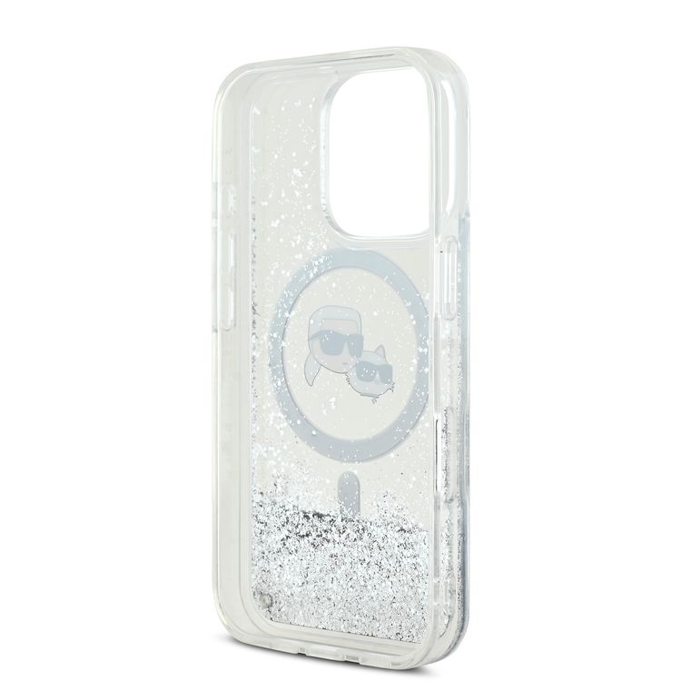 Karl Lagerfeld Magsafe Liquid Glitter Hard Case with Karl & Choupette Head for iPhone 16 Pro Max, Drop Protection, Shock Absorption, Precision Cutouts, Sparkling Glitter Design - Transparent