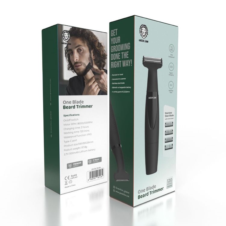 Green Lion One Blade Trimmer with 4 Comb Guards, Stainless Steel Blade, 8600 RPM, Waterproof, Travel-Friendly & Portable, 120 Minutes Working Time - Black