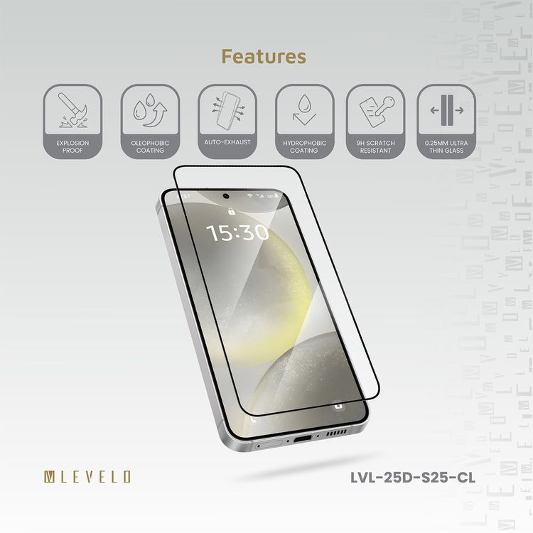 Levelo 2.5D Silk Print HD Clear Glass for Samsung Galaxy S25, High Silicone Aluminum, 0.25mm Ultra Thin, Scratch-Resistant, Oleophobic & Hydrophobic Coating, Instant Fingerprint Unlock, Air Bubble Prevention, Explosion- Proof, Auto-Exhaust - Clear