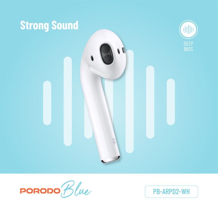 Porodo Blue Deep Bass Wireless Earbuds 2, One-Step Pairing, Comfortable Fit, Independent Earbuds, Touch Control, Deep Bass -  White