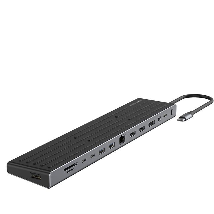 Powerology 13-in-1 Multi-Display USB-C Hub & Laptop Stand with 1000Mbps Ethernet, 3x v3 5Gbps USB-A Outputs, 2x v3 5Gbps USB-C Outputs, 2x 4K UHD HDMI, 4K UHD DP, SD & TF Card Slots, 3.5mm Aux Jack Audio, 18cm Cable, Triple Display Support, Kensington Lock - Black