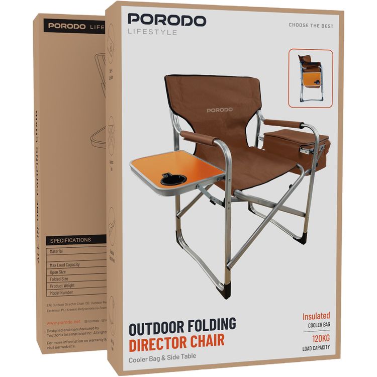 Porodo Lifestyle Outdoor Folding Director Chair with Cooler Bag & Side Table, Cup Holder, 600DPE Fabric & Aluminum Tube Material, 120kg Max Load Capacity, Anti-Slip Base, Foldable Design - Brown