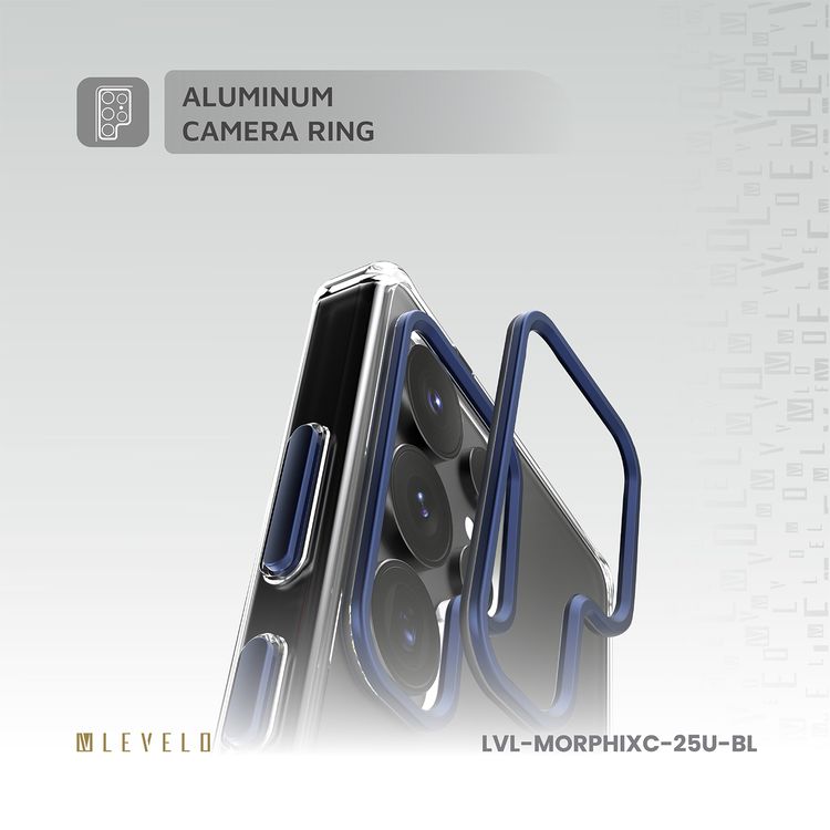 غلاف Levelo Morphix Clara بمقبض جلد مدمج لهاتف Samsung Galaxy S25 Ultra، مصنوع من مادة TPU، زوايا مقاومة للصدمات، حلقة كاميرا معدنية، مادة هجينة - أزرق