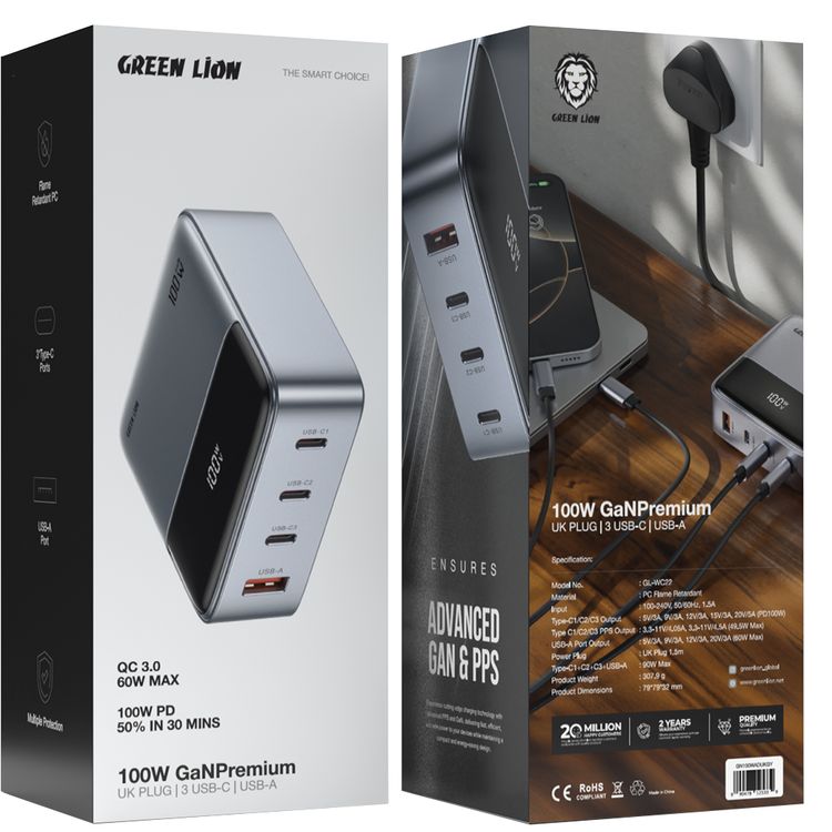 Green Lion Premium GaN UK Plug Adapter with 100W Power Delivery, PC Flame Retardant Material, Multiple Protection, USB-C & USB-A Ports, Multi-Device Charging - Gray