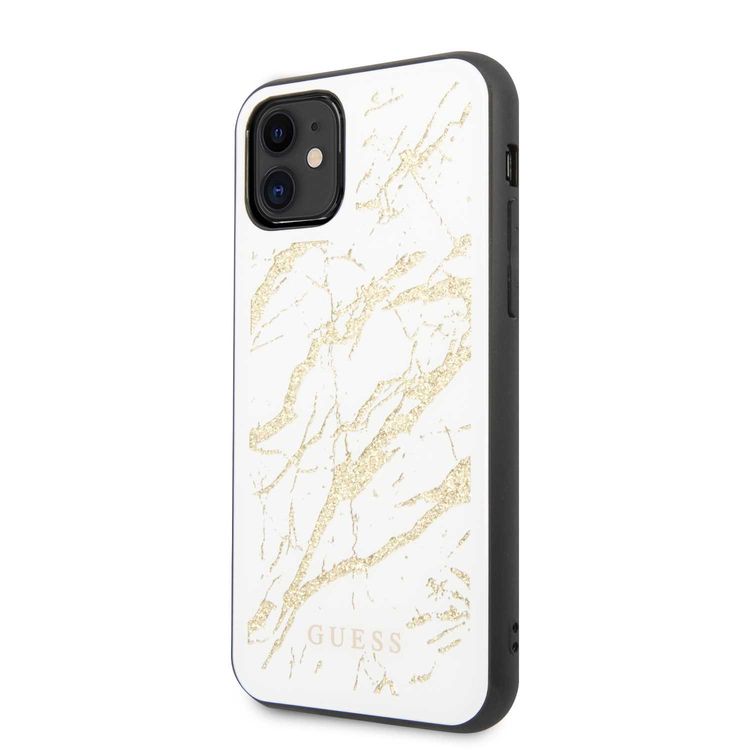 CG MOBILE Guess PC/TPU Layer Gold Glitter Marble Case Compatible with iPhone 11, Minimalist Design, Supports Wireless Charging, Scratch Resistant, Officially Licensed - White