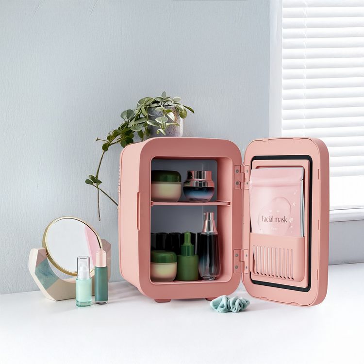 Porodo Lifestyle Cooling Mini Makeup Fridge with 4L Capacity, LED Mirror, Thermoelectrical Cooling, Low-Noise Fan, Travel-Friendly Design, Prolonged Lifespan, PP Material, 10°C-15°C Temperature Range - Pink 