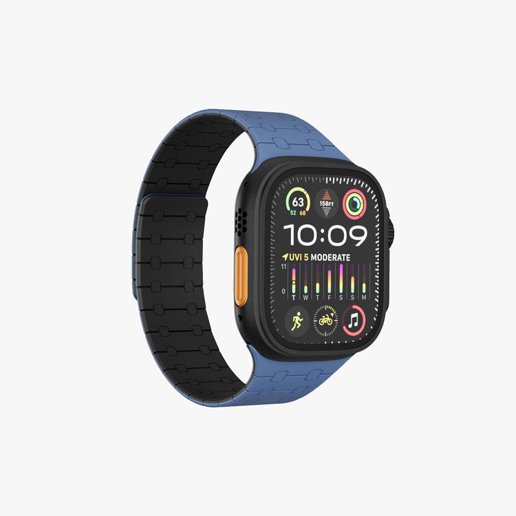 حزام ساعة سيليكون Levelo Royallink ثنائي اللون لساعة Apple Watch بحجم 49/46 مم، مصنوع من مواد مضادة للحساسية، يحتوي على 32 مغناطيس مدمج، مقاوم للماء والعرق، يتميز بقوة التثبيت المغناطيسي، سهل التركيب - أزرق / أسود.