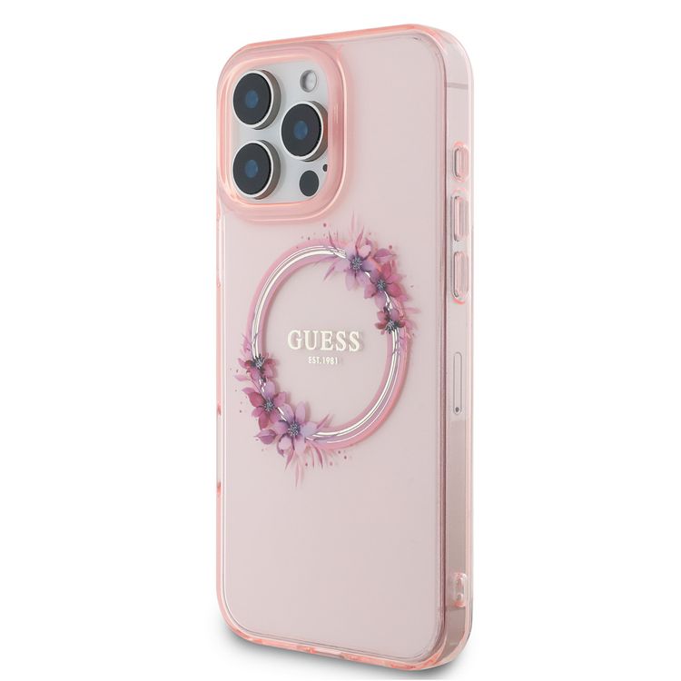 Guess Magsafe IML Hard Case with Flower Wreath Design for iPhone 16 Pro Max, Lightweight, Comfortable and Secure Grip, High Quality Material - Pink