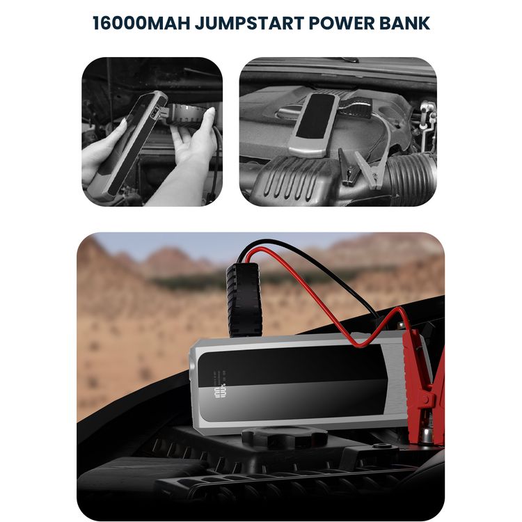Powerology باور بانك 16000 مللي أمبير في الساعة PD 18 وات QC3.0 مع مشغل طوارئ 12 فولت، وقت شحن 3 ساعات، مخرج USB-C وUSB-A، شحن سريع، مصباح يدوي LED، شاشة LCD، محمول - أسود