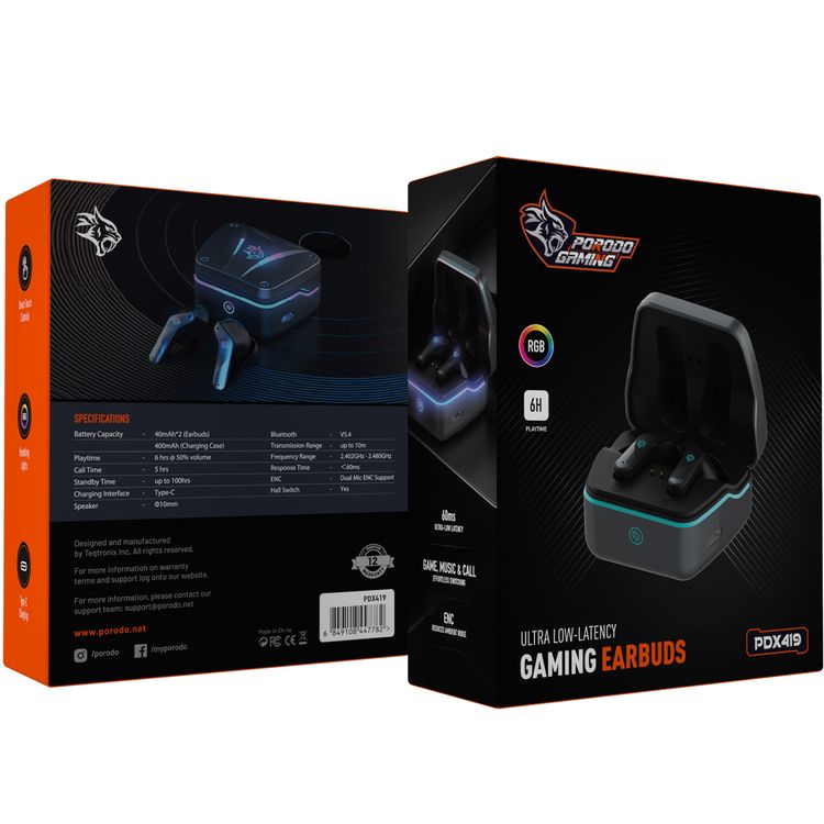 سماعات الأذن للألعاب من بورودو، بزمن استجابة منخفض للغاية، سعة بطارية 400 مللي أمبير في الساعة، وقت تشغيل 6 ساعات، بلوتوث 5.4، وقت استجابة أقل من 60 مللي ثانية، دعم ميكروفون مزدوج مع خاصية ENC، واجهة شحن من النوع-C - لون أسود