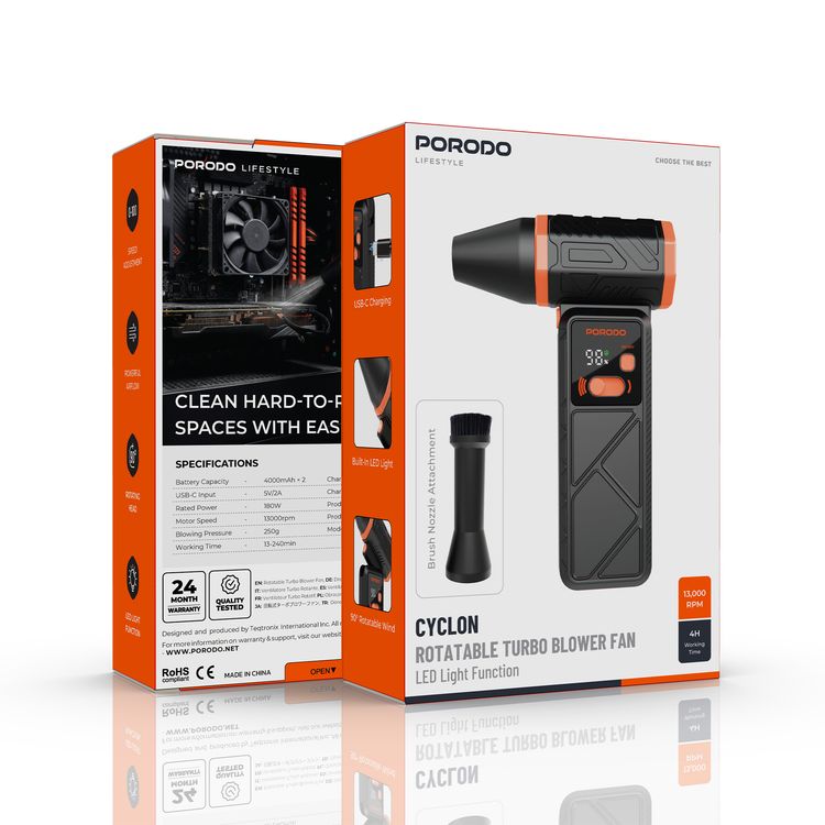 Porodo Cyclon Rotatable Turbo Blower Fan, 13000RPM Motor Speed, Up to 240 Minutes Working Time, LED Light Function, 90° Rotating Head, 0-100 Speed Adjustment - Black