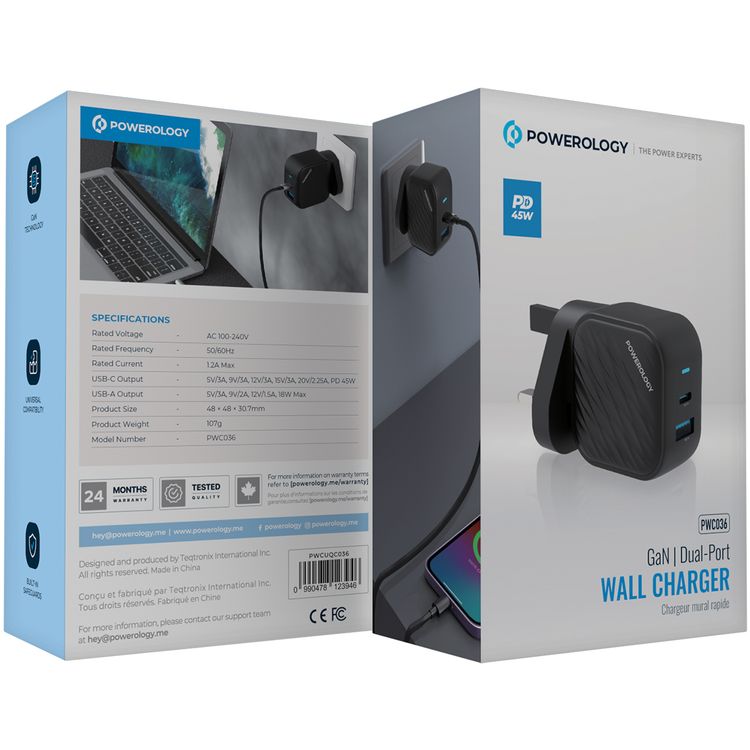 Powerology GaN Dual-Port Wall Charger with 45W Power Delivery, Built-in Safeguards, Universal Compatibility, 1.2A Rated Current, AC 100-240V Rated Voltage - Black