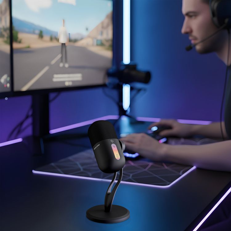 Porodo Gaming Elyx RGB Condenser Microphone with Noise Suppress Button, Adjustable Angle, Crystal Clear Recording, Mute Button, High Sampling Rate, High-Quality Sound, Plug & Play - Black