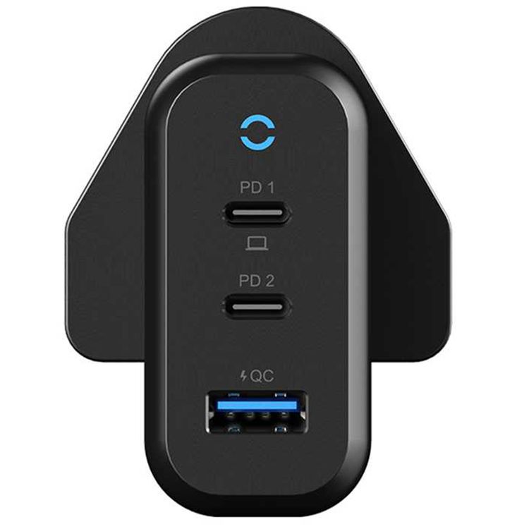 Powerology Compact 3-Output UK GaN Charger with 65W Power Delivery, Laptop Charging Compatibility, Reliable Companion, 0%-60% Charge in 35 Minutes - Black