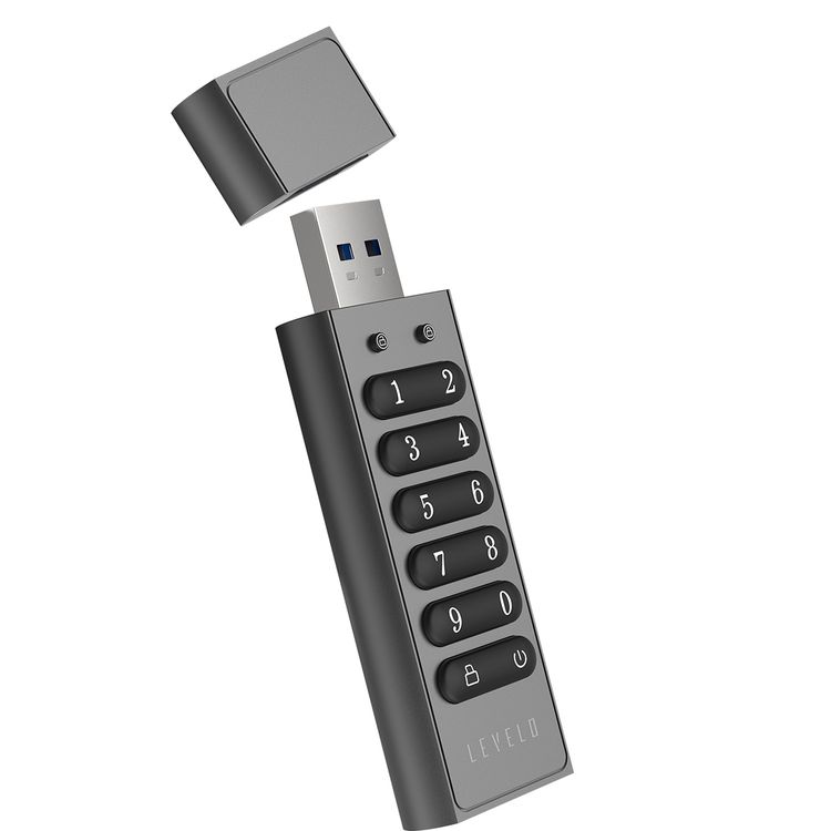 Levelo Lockvault Digital 128GB Encrypted USB Flash Drive with USB-A 3.1 Gen 1 Connector, 160MB/s Reading Speed, 120MB/s Writing Speed, AES256 Encryption Method - Gray