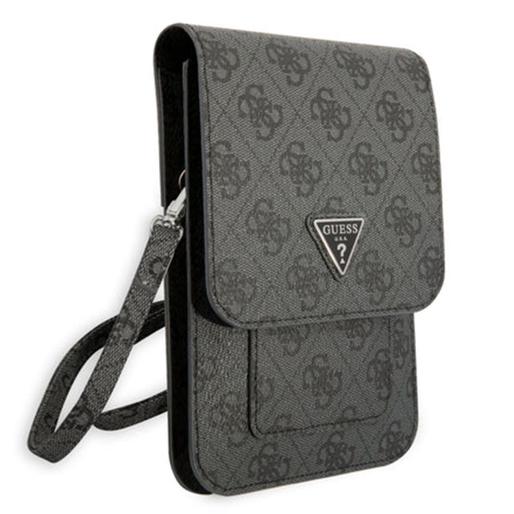 Guess 4G Wallet with Triangle Logo, High-Quality PU Leather Material, Ample Space, Card Slots, Shoulder Strap, Magnetic Snap Closure - Black