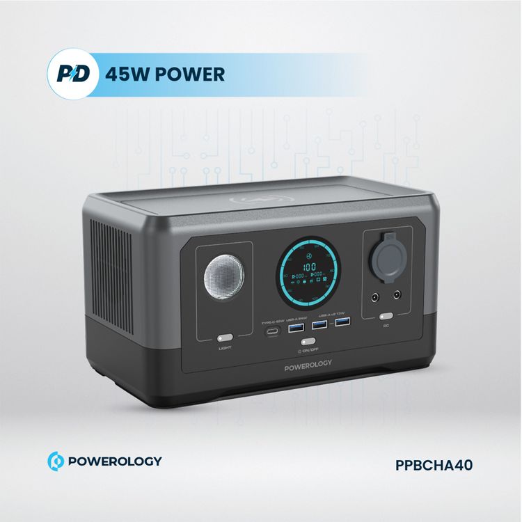  Powerology 76800mAh 300W Solar Input Portable Power Generator, 45W PD, 100W Solar Input, 15W Wireless Charger Output, 8A Car Power Output - Black