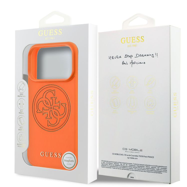 Guess MagSafe PU Leather Case with 4G Perforated Logo for iPhone 17 Pro Max, Easy Snap-On, Drop Protection, Slim Profile, Comfortable Grip, Lightweight - Orange