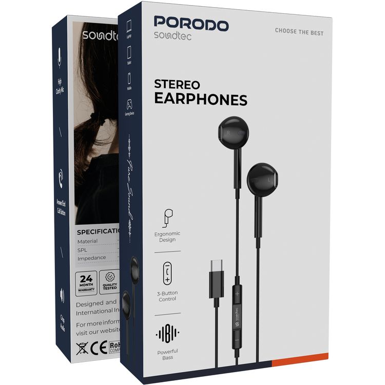 Porodo Soundtec Stereo Earphones with Type-C Connector, High-Clarify Microphone, ABS Material, 120 cm Tangle Free Cable - Black