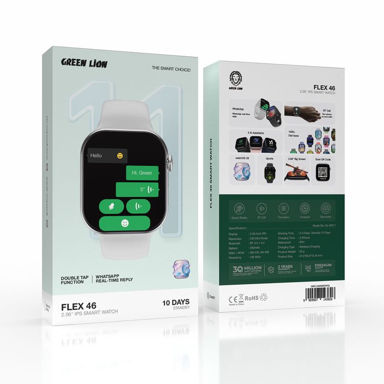 Green Lion Flex 46، ساعة ذكية بشاشة IPS مقاس 2.06 بوصة، وظيفة النقر المزدوج، رد واتساب في الوقت الفعلي، وضع استعداد يصل إلى 10 أيام، شاشة دائمة التشغيل، 3 مساعدات ذكية، وضع رياضي، مكالمات بتقنية Bluetooth، ترجمة، بوصلة، مقياس بارومتر، بطارية بسعة 250mAh، ساعة ذكية مقاومة للماء بمعيار IP54 - فضي