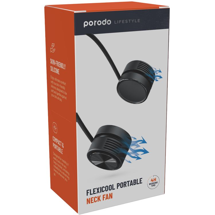 Porodo LifeStyle Flexicool Portable Skin-Friendly Silicone Neck Fan with 2H Recharge Time and Type-C Charging Port - Black