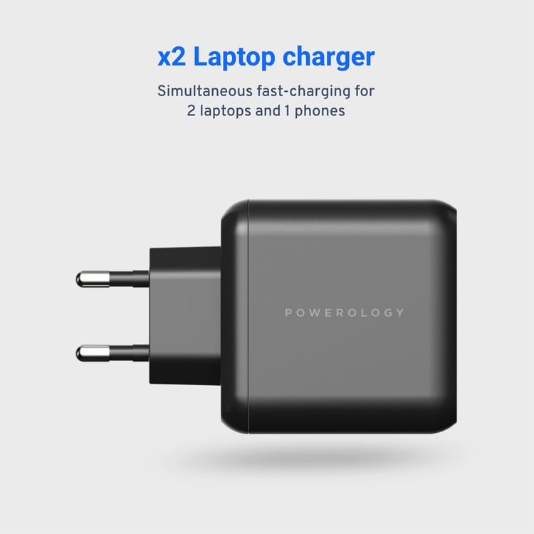 شاحن Powerology Compact 3-Output EU GaN بقوة 65 واط لتوصيل الطاقة، متوافق مع شحن الكمبيوتر المحمول، شريك موثوق، شحن من 0٪ إلى 60٪ في 35 دقيقة - أسود.