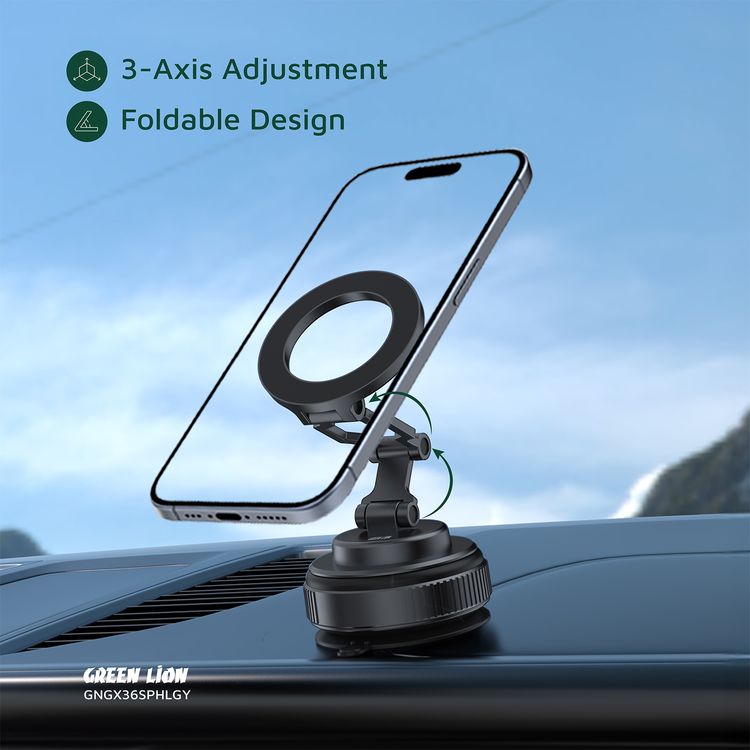 Green Lion GX-36 Suction Phone Holder with Strong Suction Cup, Manual Rotary Base, Foldable Design, 3-AXIS Adjustment, 360° Rotation,  20 × N52 Magnets, 1.5kg Adsorption Force - Gray
