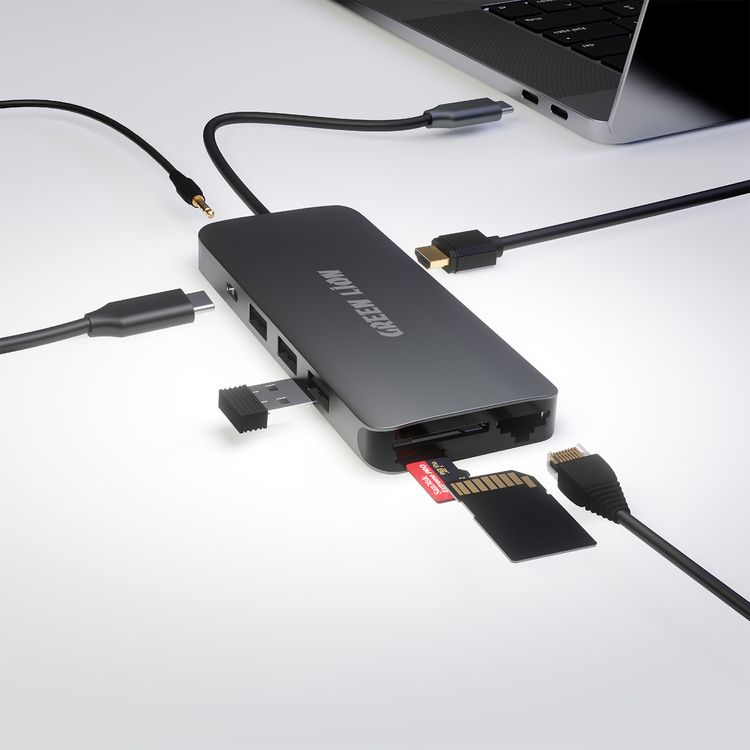 Green Lion 12-in-1 USB-C Hub, Compact & Lightweight Design, PD Charging Up to 100W, Built-in Safety, 6 USB-A Ports, USB-C Port, SD & Micro SD Slot, LAN & HDMI Port, Stereo Port - Gray