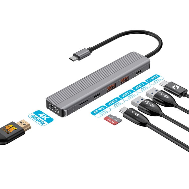 Powerology 6-in-1 Slim USB-C Hub with 4K Ultra HD HDMI, 100W PD, v3.2 10Gbps Super Speed USB-C Data, 2 x v3.2 10Gbps Super Speed USB-C Data, 4K UHD @ 60Hz HDMI, Supports v3.0 MicroSD, Fast Data & Charge - Gray