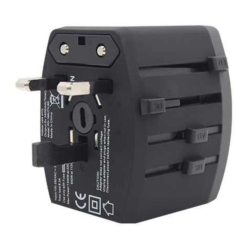 Porodo 3 USB + 1 Type-C Port Universal Travel Adapter 3.4A - Worldwide All in One Universal Power Wall Charger - International Compatibility (US / EU / UK / AU Plugs) - Black