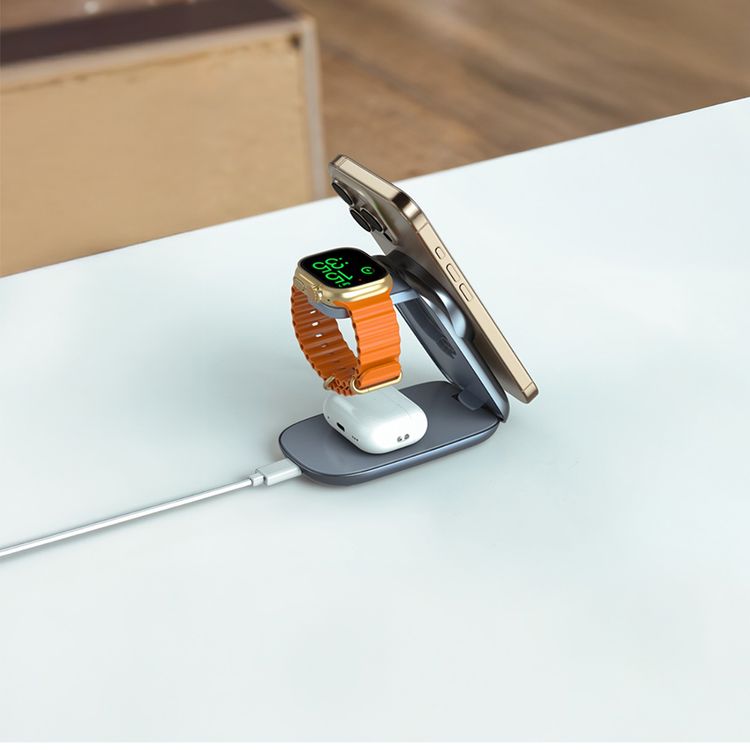 Green Lion 3-in-1 Magfold Wireless Charger with Foldable & Ultra-Slim Design, USB-C Input Port, Up to 15W Phone Output, 5W AirPods Output & 3W Watch Output, Multi-Angle Adjustment, Fast Charge - Gray