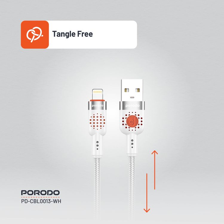 Porodo Aluminum Alloy Braided Cable USB-A to Lightning 1.2, 480Mbps Transfer Speed, 2.4A, more than 15000 Bends Life Span, Tangle Free - White