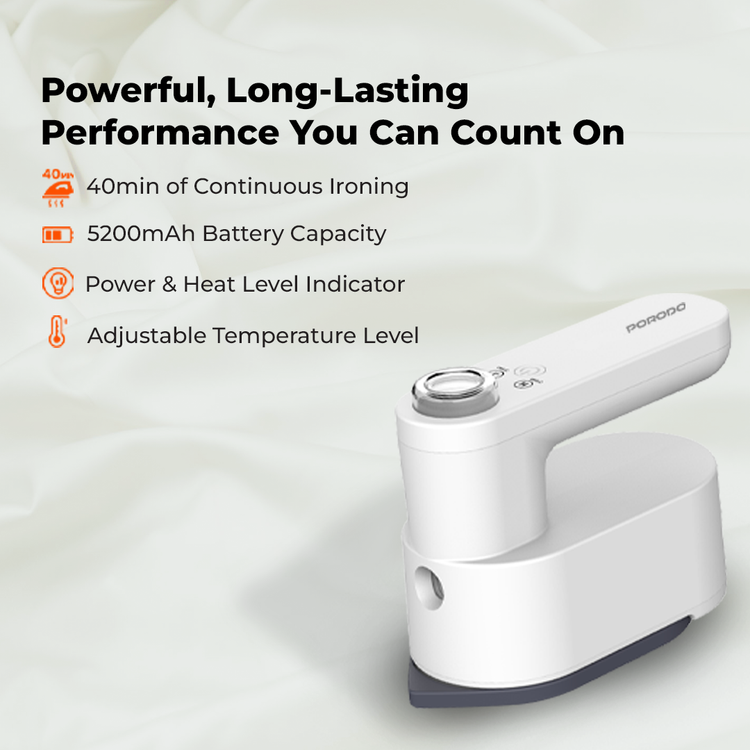 Porodo Lifestyle Heatpulse Portable Steam Iron with Ultrasonic Steam Generator, Type-C Charging Port, Adjustable Temperature Level, 40 Minutes Continuous Ironing, 5200mAh Battery Capacity - White