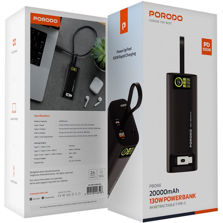 Porodo 20000mAh 130W Power Bank with 1m Retractable Type-C Cable, 100W Power Delivery, Suitable for Laptop Charging, Digital Display - Black
