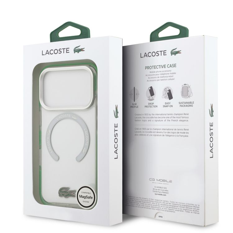 غطاء Lacoste MagSafe مصنوع من TPU و PC شفاف مع لمسة نهائية متجمدة لأيفون 17 برو ماكس، حماية من السقوط، تصميم نحيف، تغليف مستدام، تصميم سهل التركيب - باللون الأخضر