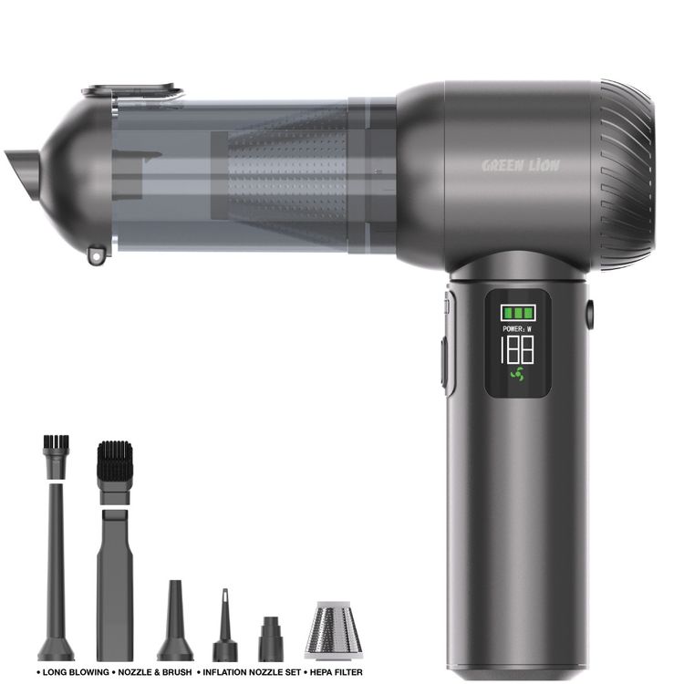 Green Lion Multi-Force Vacuum, Air Blower & Air Duster with Multiple Nozzles, LED Flash Light, 3 Speed Levels, Type-C Charging, Digital Display, Metal Hepa Filter - Gray