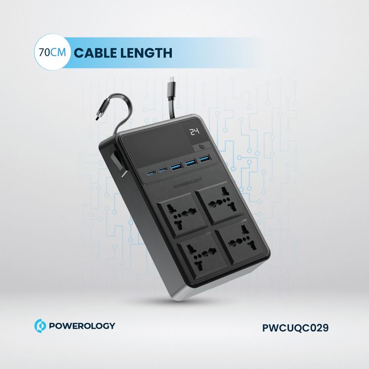 مشترك طاقة Powerology 2500 واط مع 4 مقابس تيار متردد وكابلات مدمجة قابلة للسحب، 5 منافذ USB، مخرجات USB-C وLightning، أدوات حماية مدمجة، مادة مقاومة للحريق، مؤقت 24 ساعة، شحن متزامن، طول الكابل 70 سم وطول سلك الطاقة 3 متر - أسود