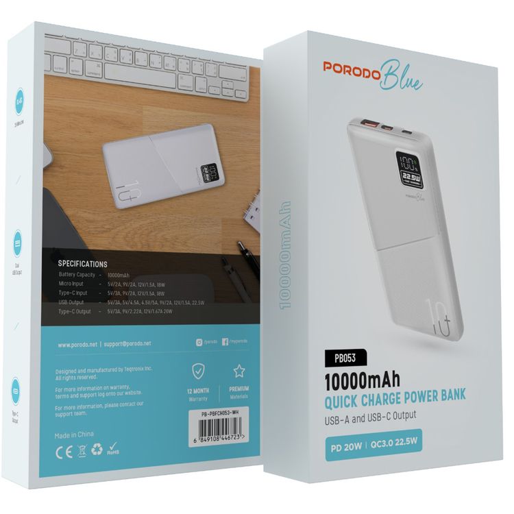 باوردو بلو باور بانك للشحن السريع مع مخرج USB-A وUSB-C، سعة بطارية 10000 مللي أمبير في الساعة، شاشة رقمية، توصيل طاقة 20 وات - أبيض