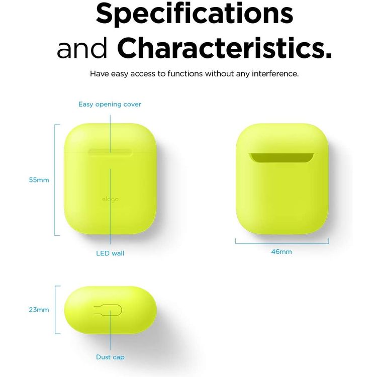 Elago Basic Skinny Case for Apple AirPods 1&2 Generation, Upgraded Premium Silicone, Front LED Visible, Dustproof Protective Cover, Compatibility With Wireless Chargers Neon Yellow