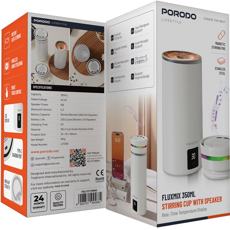 Porodo Fluxmix 350mL Stirring Cup with Speaker, LED Temperature Display, 200 Cycles Blender Battery Life, 2 Hours Speaker Battery Life, 5W Speaker Power, Bluetooth Version 5.3, 155mAh Blender Battery Capacity, 600mAh Speaker Battery Capacity, Touch Control, 304 Stainless Steel Material - White