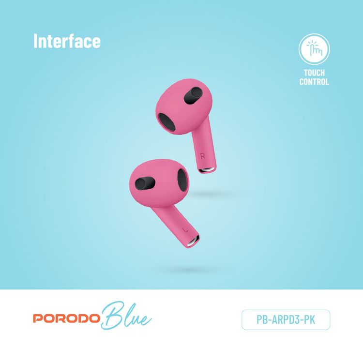 Porodo Blue Deep Bass Wireless Earbuds 3, 20 Hours Working Time, Type-C Charging Port, Environmental Noise Cancellation, Independent Earbuds, Touch Control - Pink