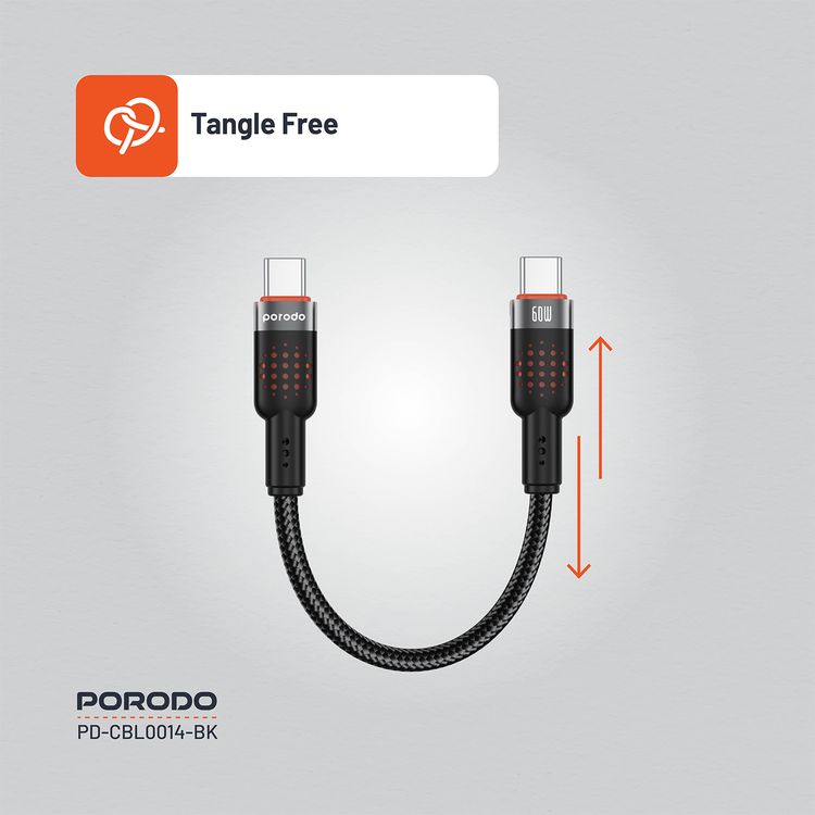 Porodo USB-C to USB-C Braided Cable with 60W Power Delivery, 480Mbps Transfer Speed, Braided & Tangle-Free Design, 15000+ Bends Lifespan, Fast Charge & Data Sync - Black