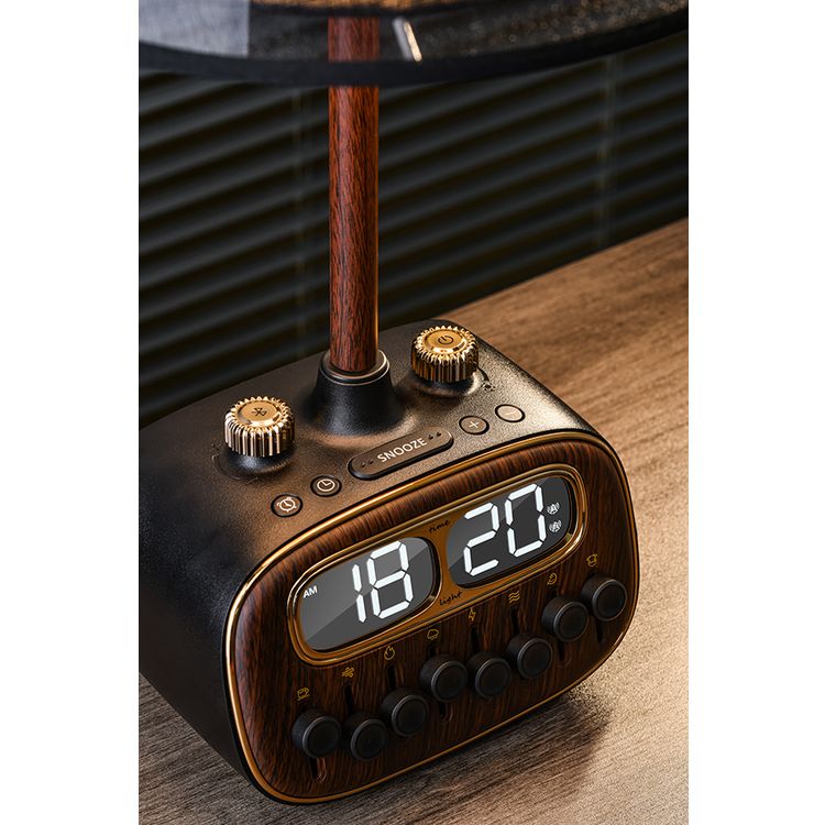 Porodo Retro Desk Lamp White-Noise & BT Speaker, Alarm and Snooze Function, Screen Display, 3 Brightness Levels (Low, Medium, High), Charging Ability, 8 Nature Sounds, USB-A Charging Port - Black 