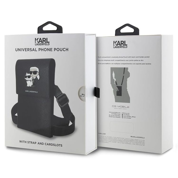 Karl Lagerfeld Saffiano Phone Pouch with K&C NFT Logo, Adjustable Shoulder Strap, Multiple Compartments, 3 Card Slots, Water Resistant - Black