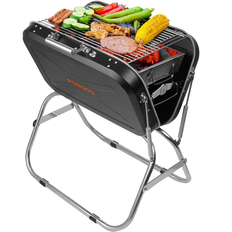 Porodo Lifestyle Portable Folding BBQ Grill with Steel Cooking Mesh, 17-inch Grilling Area, Camping Trip, Backyard Parties & Beach Outings, Easy to Clean, Quick Setup - Black