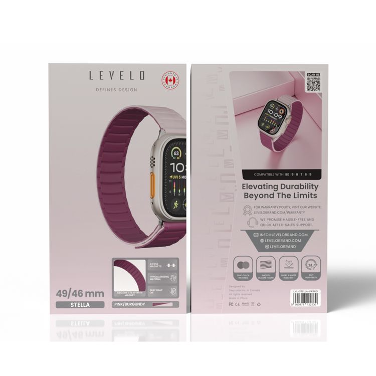 Levelo Stella Silicone Watch Strap with Magnets, Compatible with 49/46mm Smartwatches & Apple Watch SE, Series 9, 8, 7, 6, 5, Dual-Color Wearable, Hypoallergenic Material, Easy Snap-On, Sweat-Resistant, Water-Resistant - Pink / Burgundy