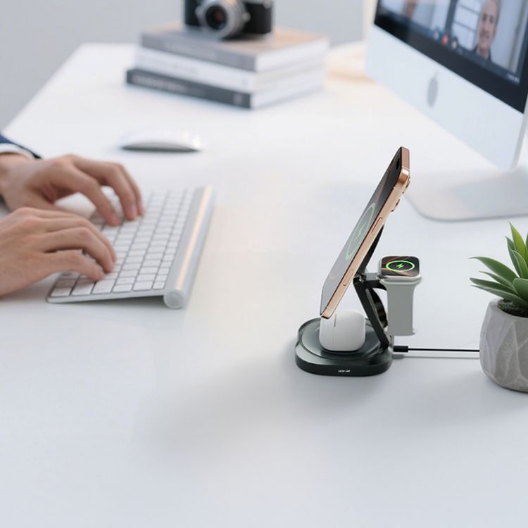 Green Lion Qi 2.2 MagFlex 3-in-1 Wireless Charger, 5W Watch, 5W Earbuds, 25W Phone Wireless Output, Non-Slip Base Pad, LED Indicator, Foldable Design - Gray